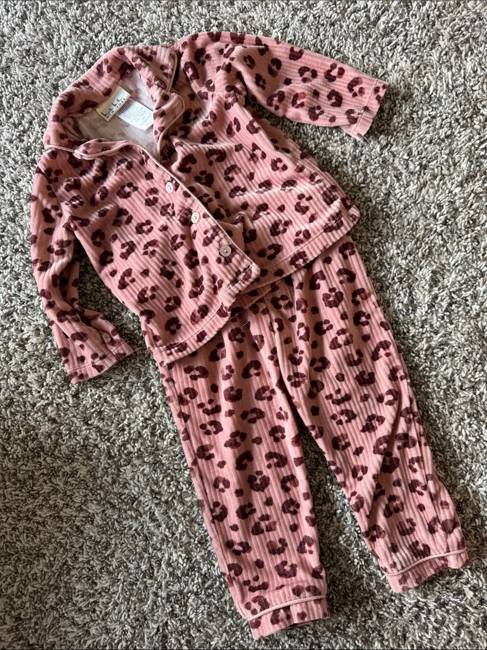 Kids Velour Ribbed Pink Leopard Pajama Set
